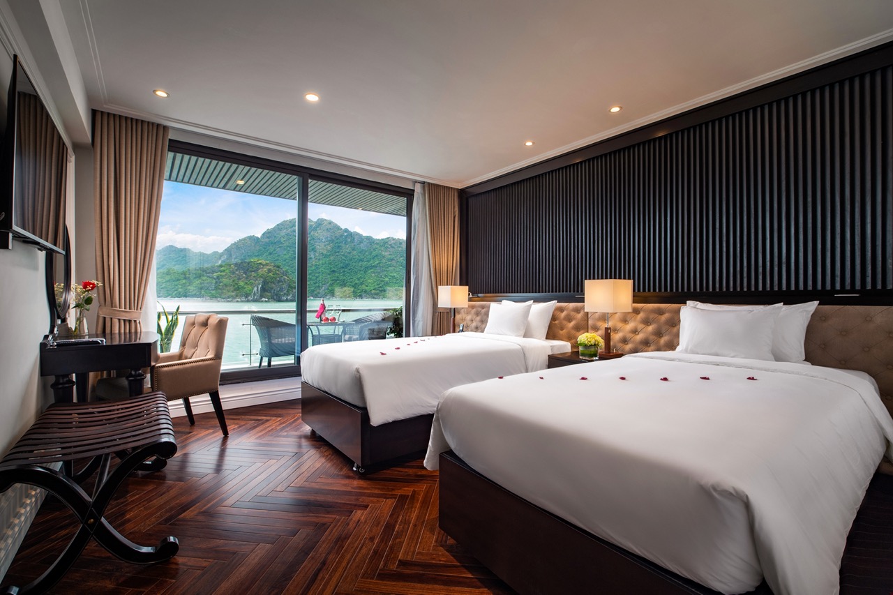 Relaxing hotel room with mountain view and modern decor.