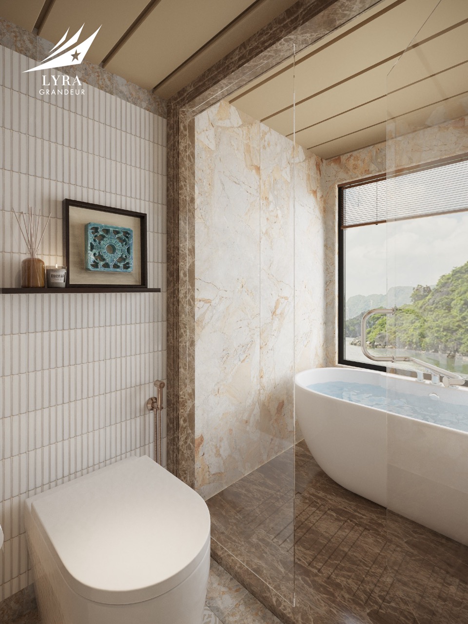 Luxurious bathroom with freestanding bathtub, marble walls, and scenic mountain view, perfect for relaxing retreats.