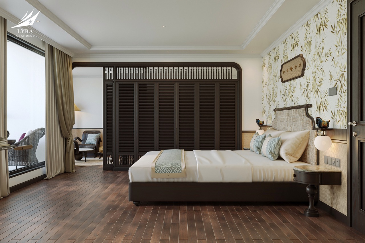Luxurious hotel bedroom with elegant decor and wood flooring at ViettrendTour.
