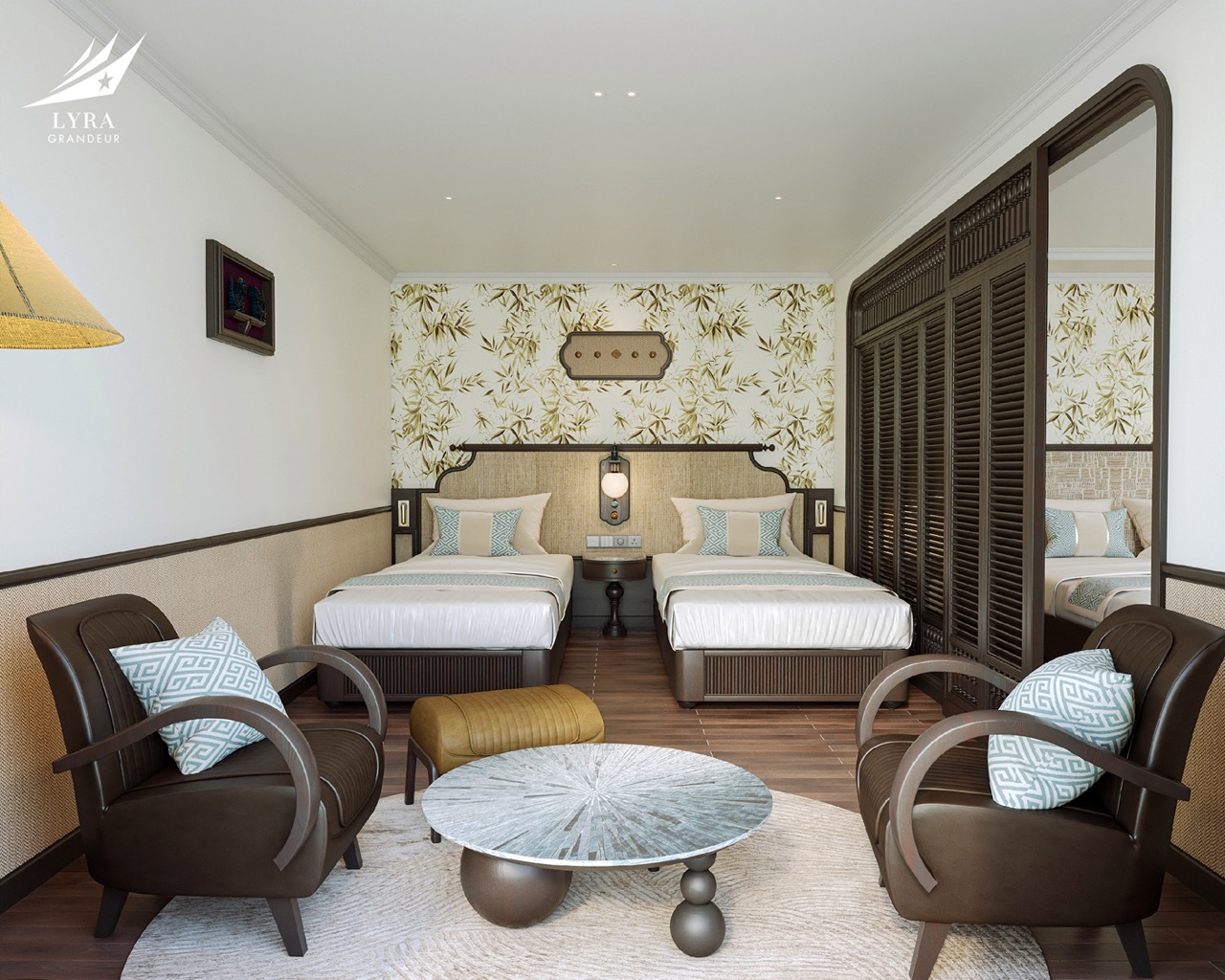 Elegant hotel room with twin beds, stylish decor, and cozy seating area, perfect for a luxurious stay.