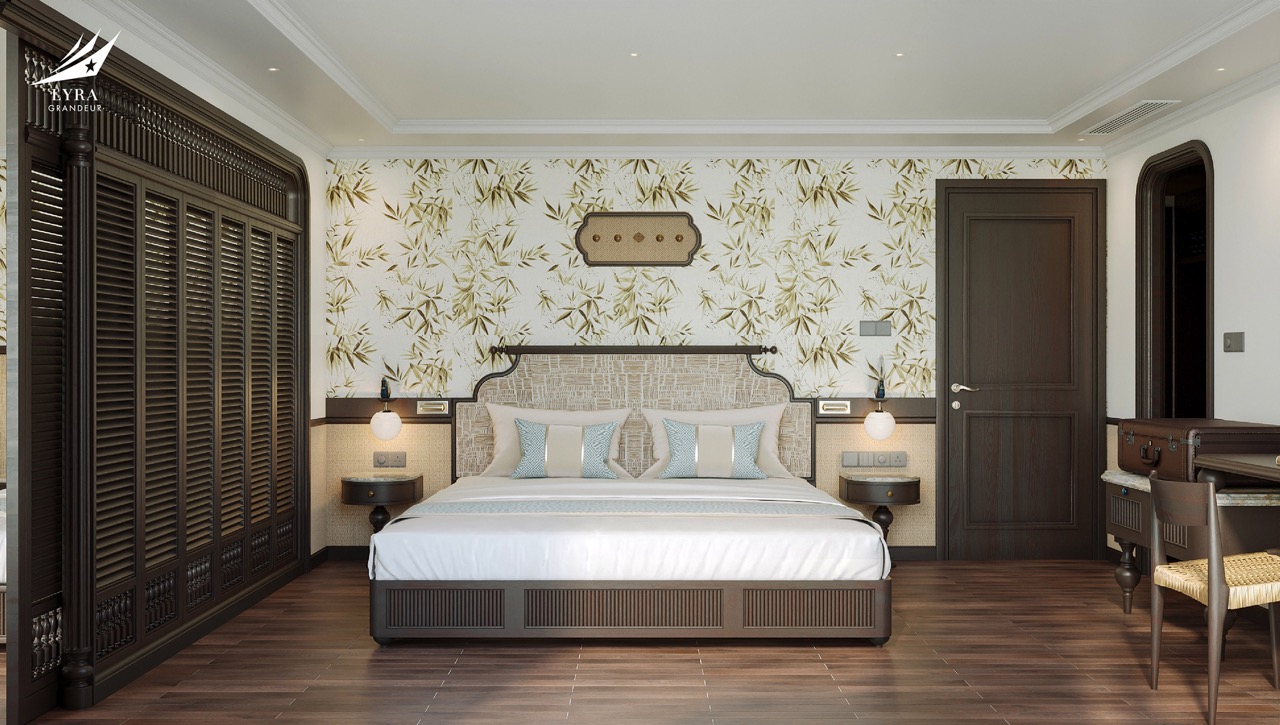 Luxurious bedroom with elegant decor and modern furniture for a relaxing hotel stay.