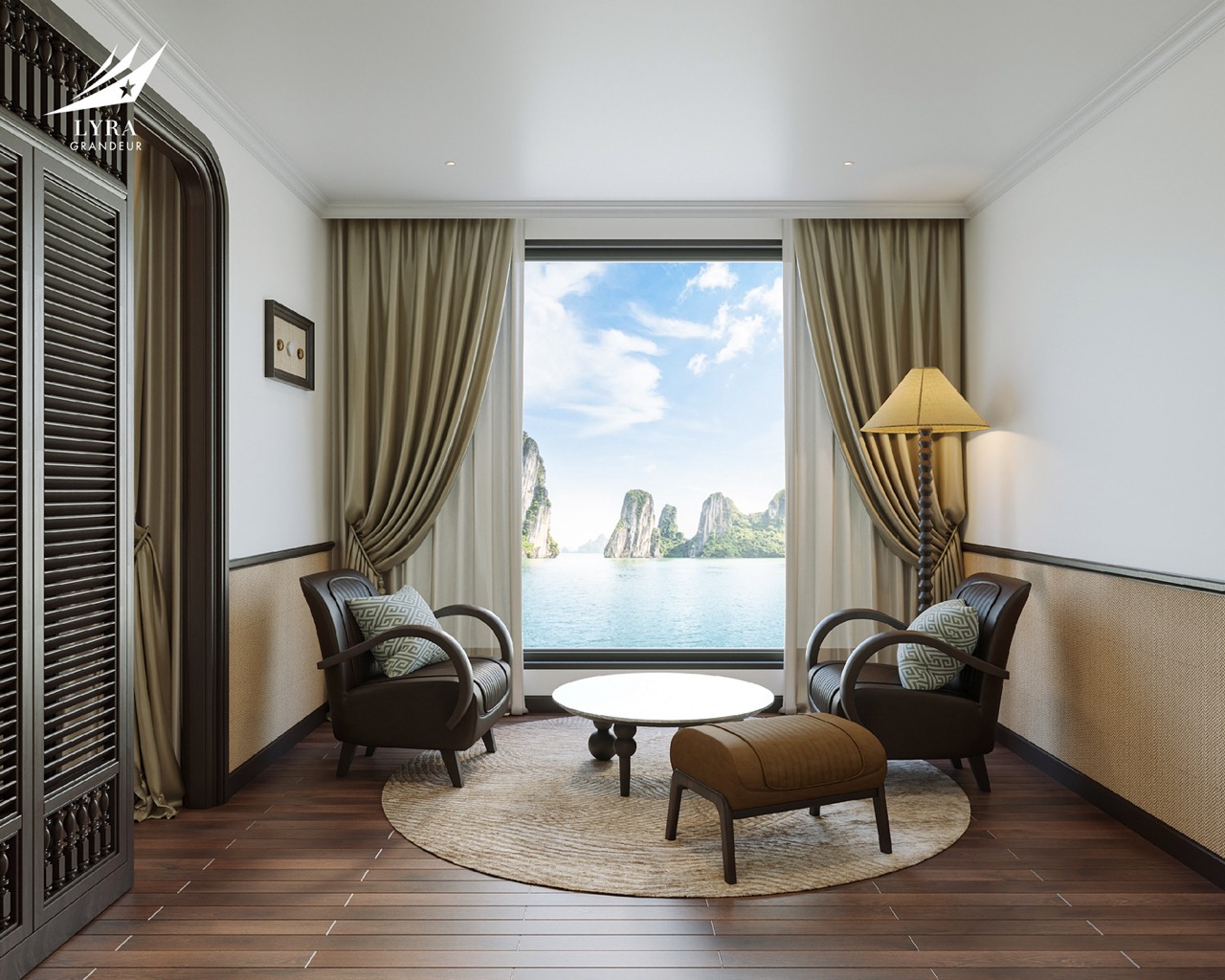 Luxurious hotel room with sea view of limestone islands, elegant interior, and comfortable seating.