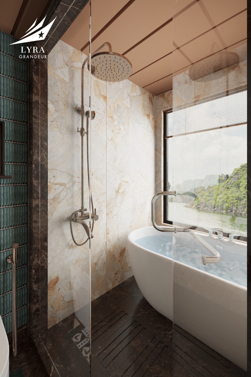 Luxurious bathroom with rain shower and ocean view bathtub, modern design, natural marble accents, serene spa retreat.