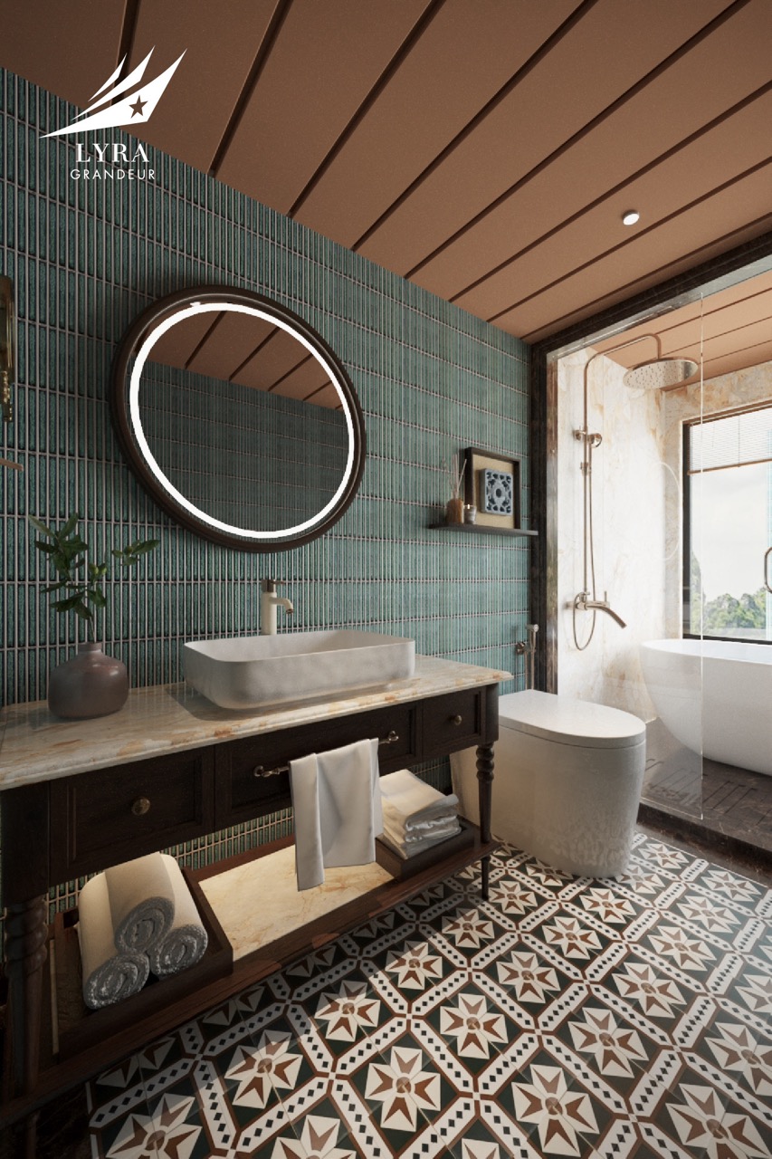 Luxurious modern bathroom with green tiled walls, freestanding bathtub, and stylish decor.