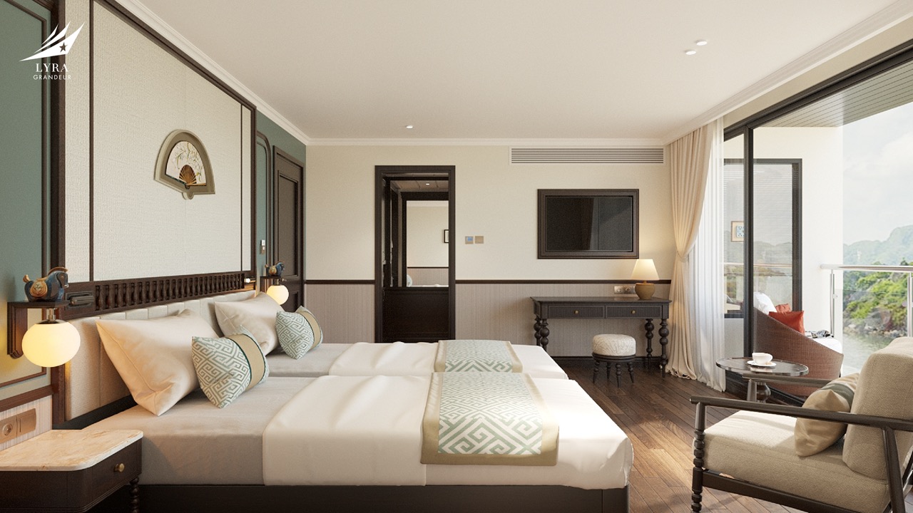 Luxurious hotel room with modern decor, balcony view, and comfortable furnishings for a relaxing stay.