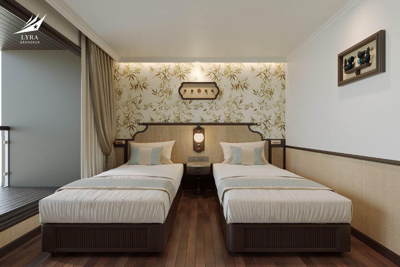 Elegant hotel room with twin beds, contemporary decor, and bamboo-themed wall art perfect for travelers.