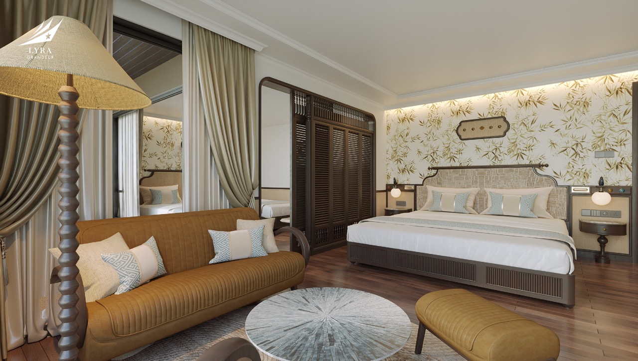Luxurious hotel room with elegant decor, cozy seating, and a stylish bedroom for a perfect stay.
