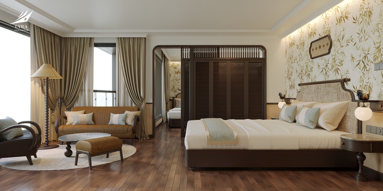 Luxury hotel suite with modern decor, spacious bedroom, cozy sitting area, and elegant furnishings.