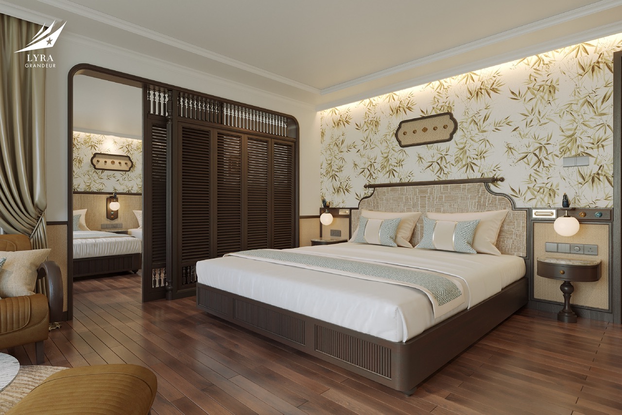 Modern luxury hotel room in Vietnam with elegant decor and warm lighting.