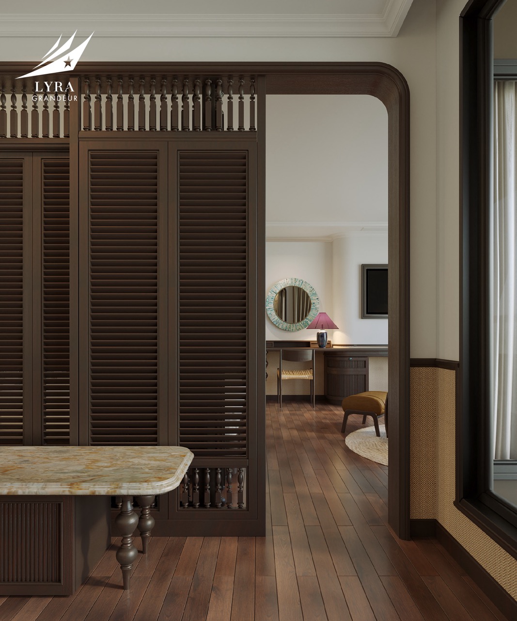 Luxurious hotel room with elegant wooden furniture and modern decor for a premium travel experience.