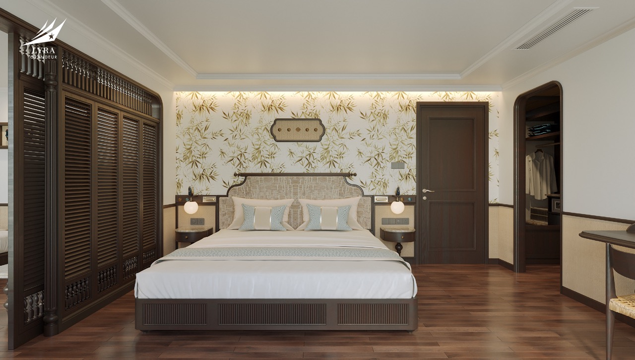 Elegant hotel bedroom with contemporary design, wooden furniture, and soft lighting.