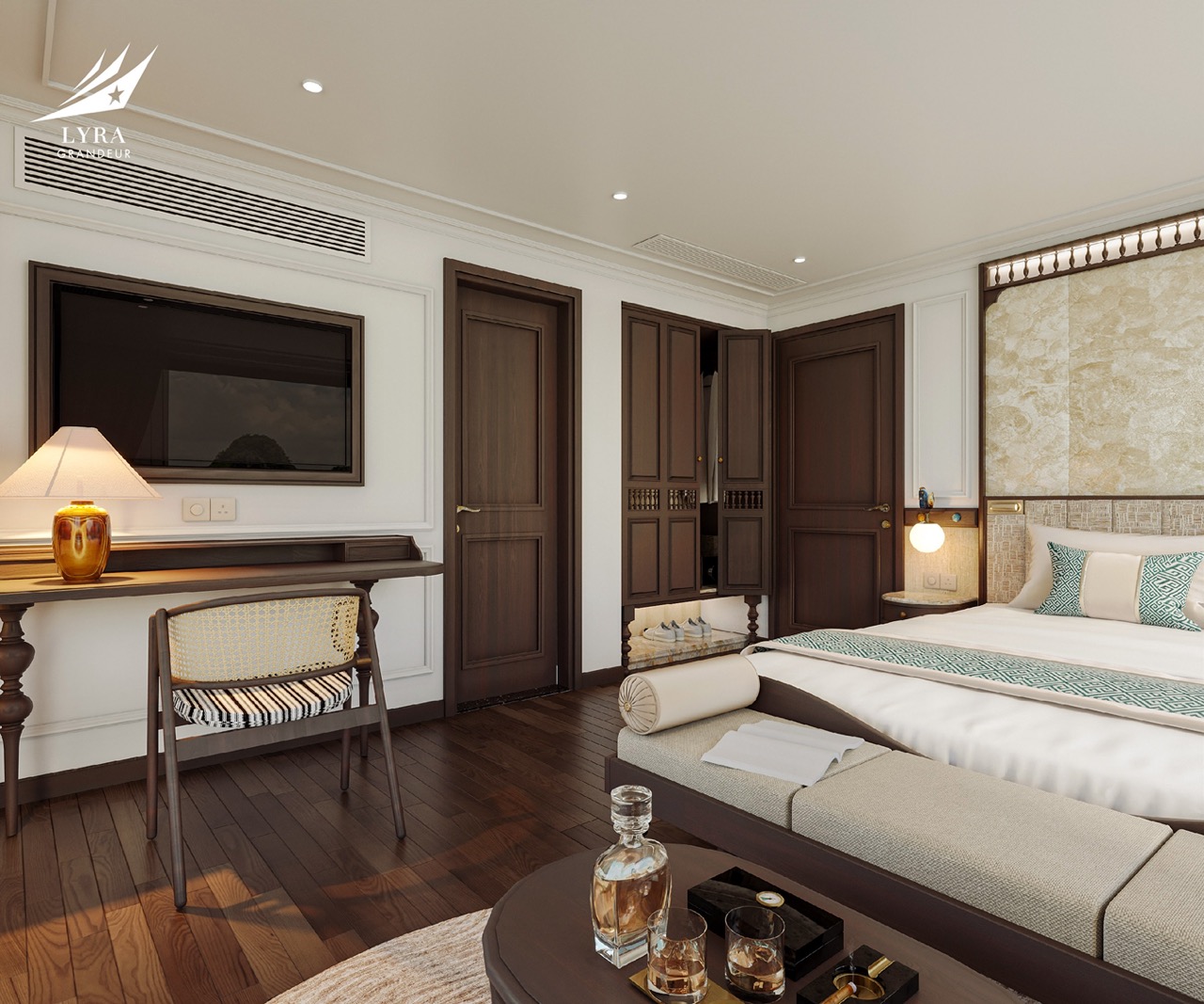 Luxurious hotel bedroom with elegant decor, wooden furniture, and modern amenities for a comfortable stay.
