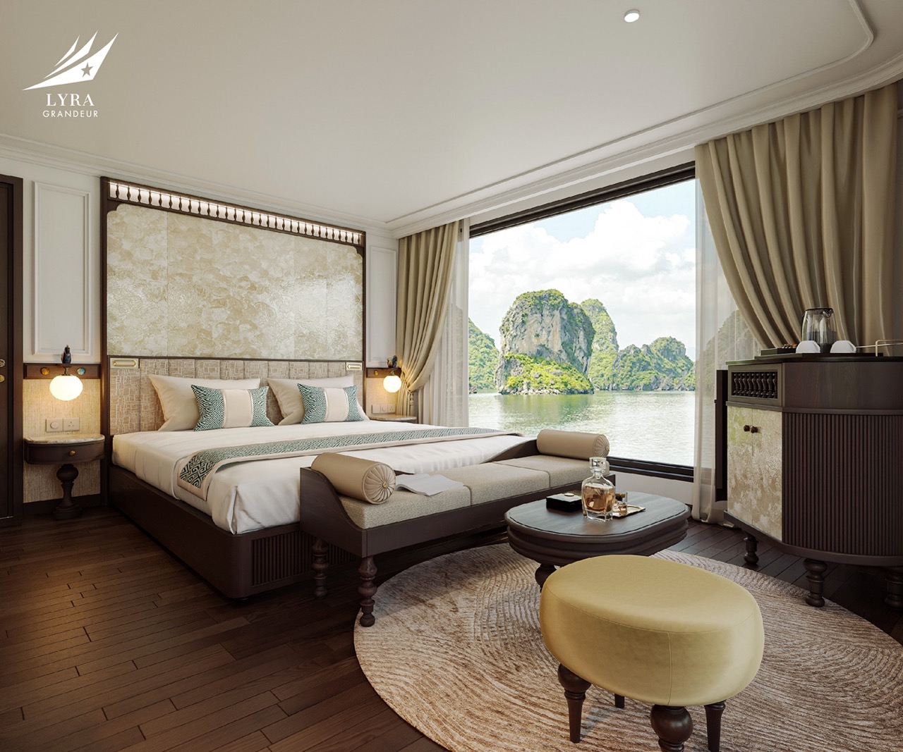 Luxurious hotel room with stunning bay view and cozy elegant interior design.