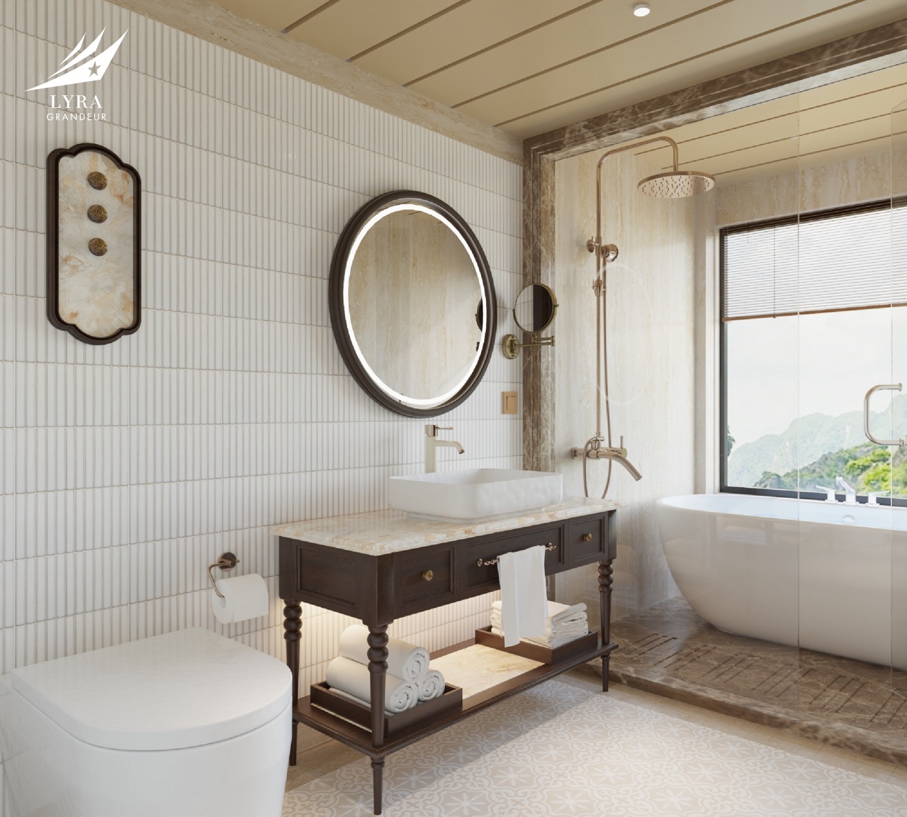 Luxurious modern bathroom with bathtub, round mirror, and elegant decor for a relaxing retreat.
