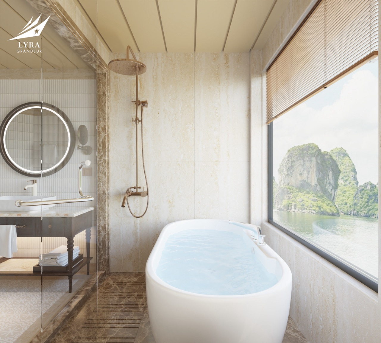 Luxurious bathtub with scenic mountain view in a modern hotel bathroom, perfect for relaxing.