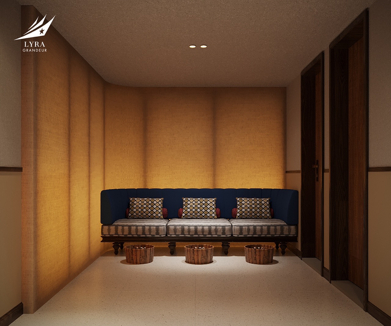 Luxurious hotel lobby with elegant blue velvet sofa and warm wood accents – perfect for relaxation.