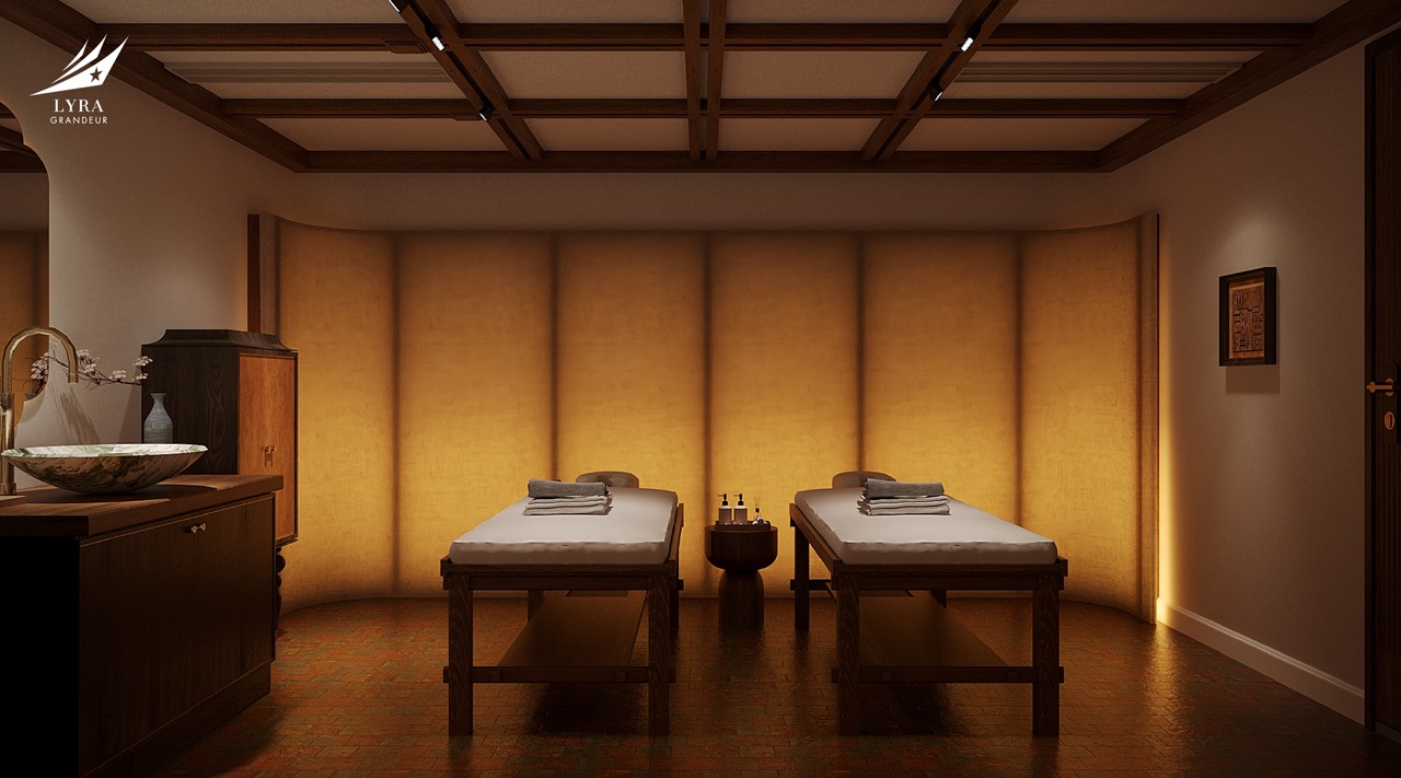 Relaxing massage therapy room with dual beds and warm ambient lighting for ultimate relaxation.