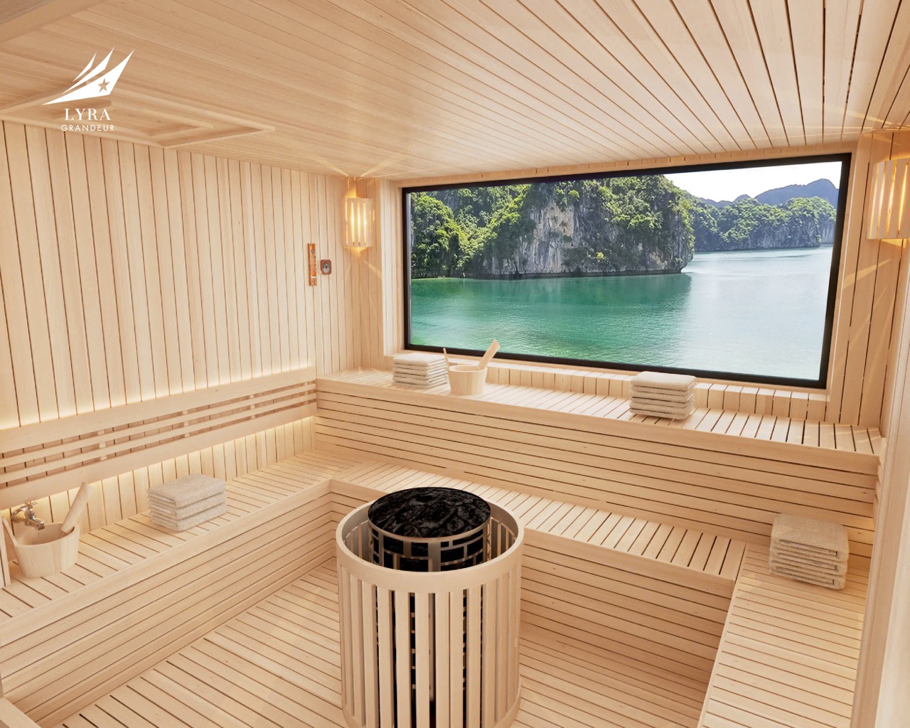 Tranquil wooden sauna room with large window overlooking tropical island scenery.