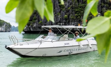 Relaxing speedboat tour in Ha Long Bay with scenic limestone cliffs, ideal for luxury travel.