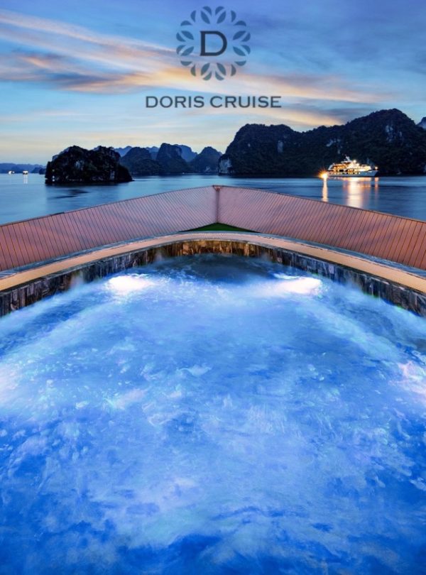 Stunning Halong Bay cruise balcony scene with scenic limestone islands at sunset, perfect for travel.
