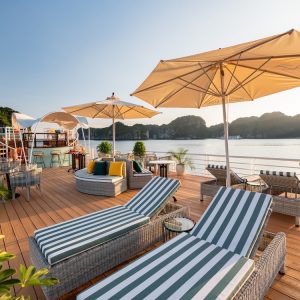 Striped loungers and wide umbrellas on the sunrise sundeck.