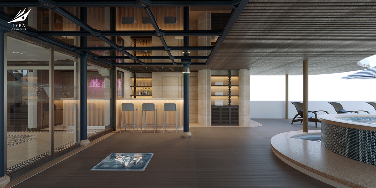 Relaxing rooftop bar overlooking ocean with pool and lounge chairs at luxury hotel.