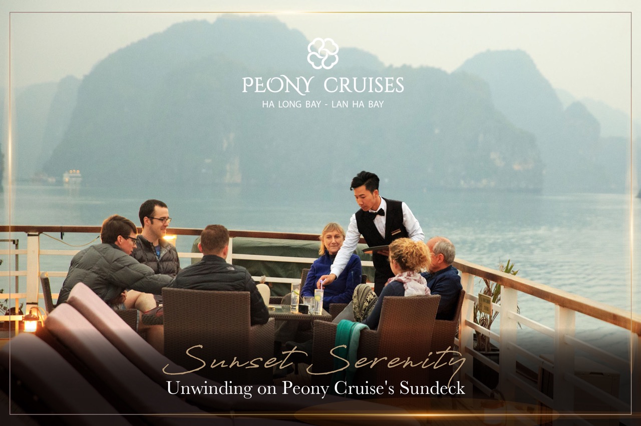 Relaxing cruise balcony view of Halong Bay with passengers enjoying sunset scenery.