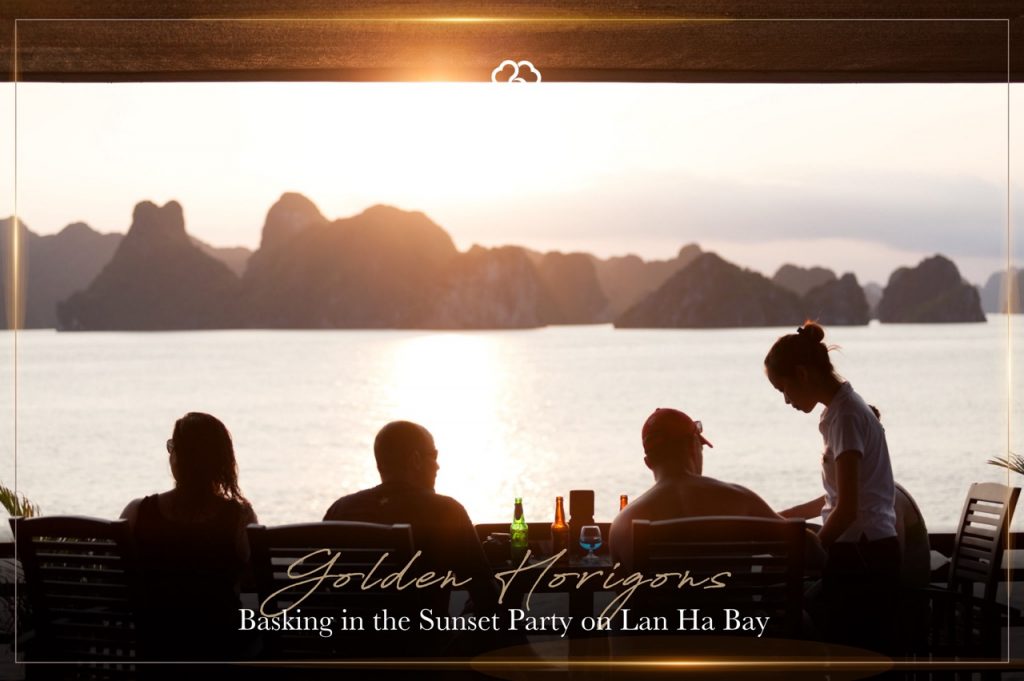 People enjoying sunset drinks on cruise balcony in Lan Ha Bay, Vietnam, during golden hour.