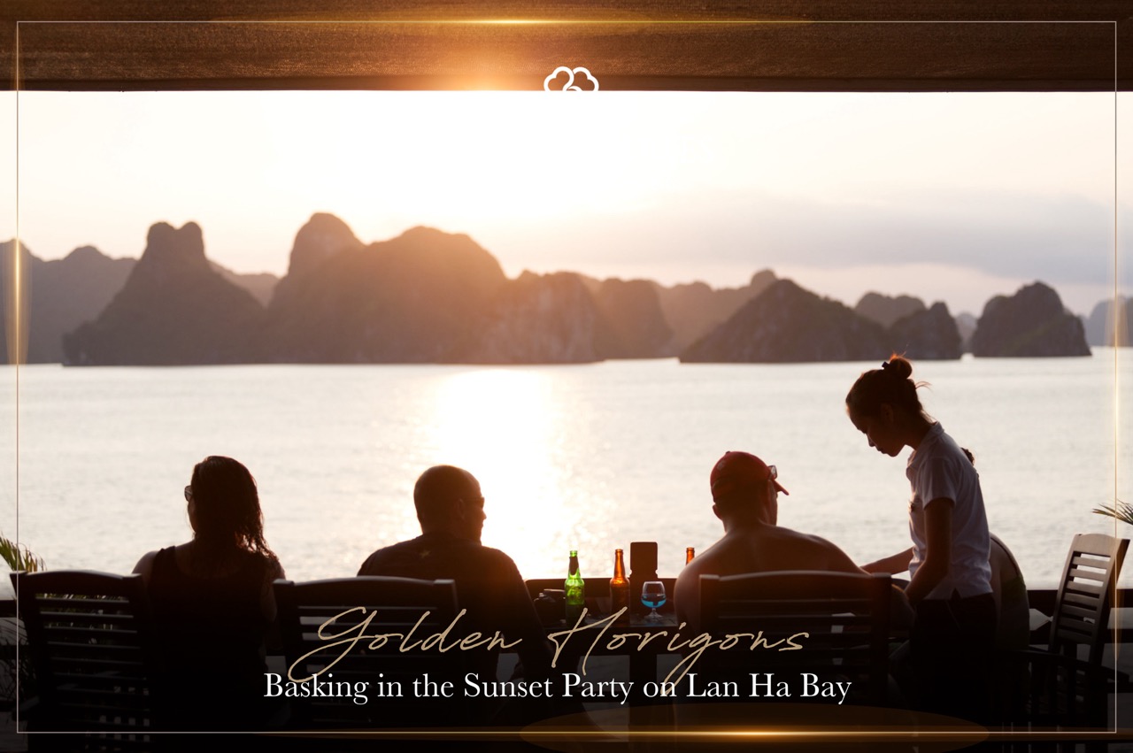 People enjoying sunset drinks on cruise balcony in Lan Ha Bay, Vietnam, during golden hour.