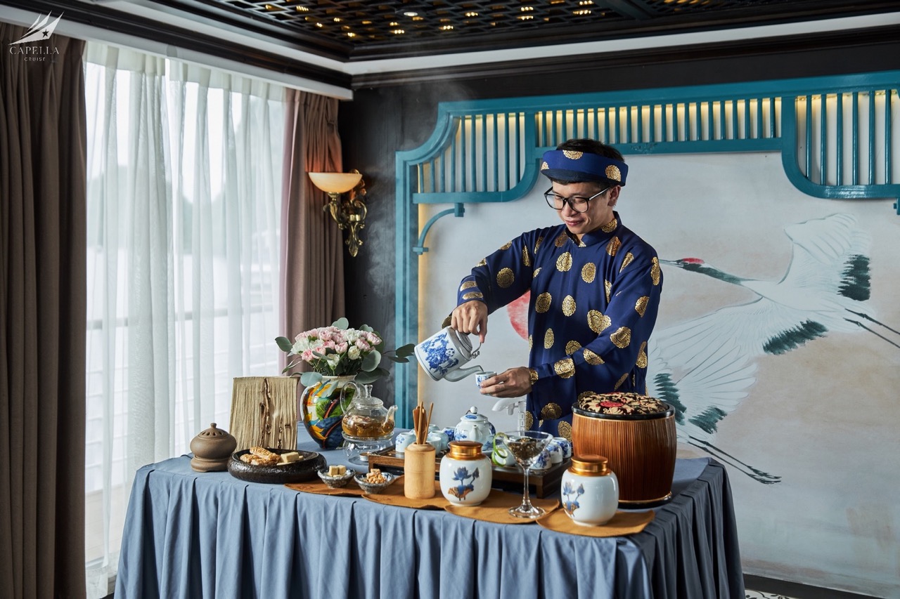 Colorful traditional tea ceremony in Vietnam with vibrant décor and elegant presentation.
