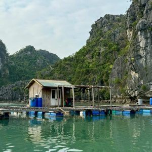 Floating fishing house on scenic water surrounded by limestone cliffs and lush greenery.