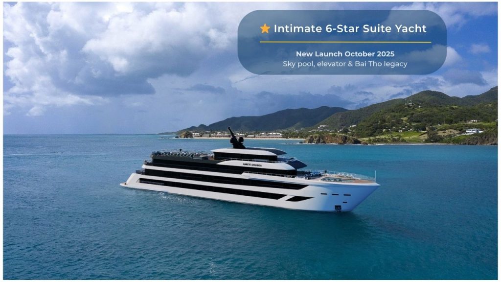 Luxury 6-star suite yacht with sky pool and elevator in Vietnam, launching October 2025.