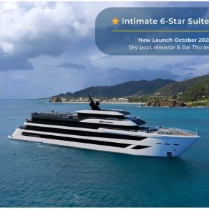 Luxury 6-star suite yacht with sky pool and elevator in Vietnam, launching October 2025.