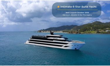 Luxury 6-star suite yacht with sky pool and elevator in Vietnam, launching October 2025.