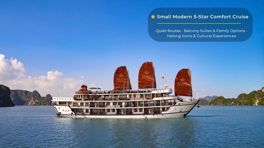 Luxurious Alisa Premier Cruise sailing through stunning Halong Bay, offering unforgettable scenic vi.