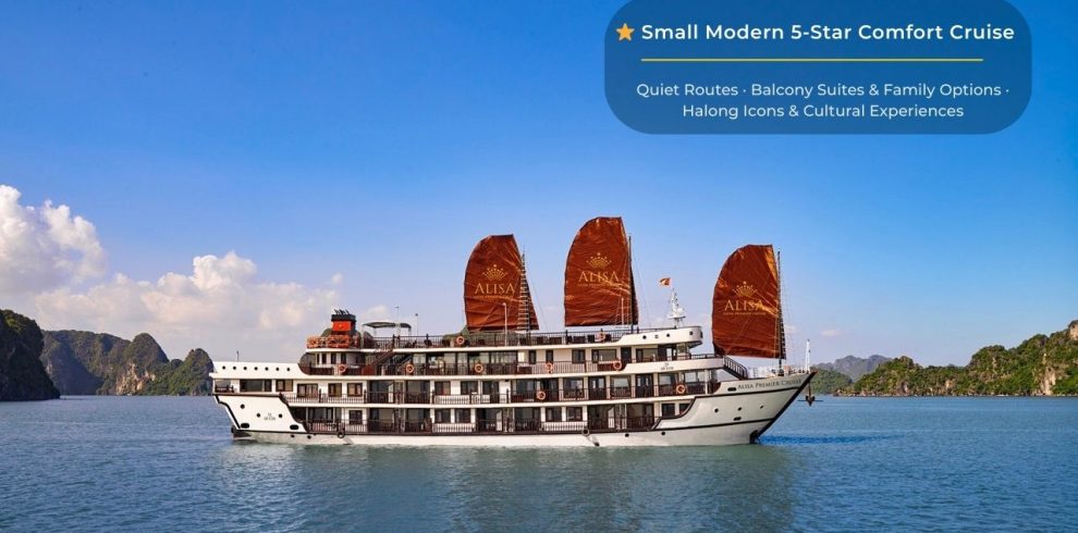 Luxurious Alisa Premier Cruise sailing through stunning Halong Bay, offering unforgettable scenic vi.