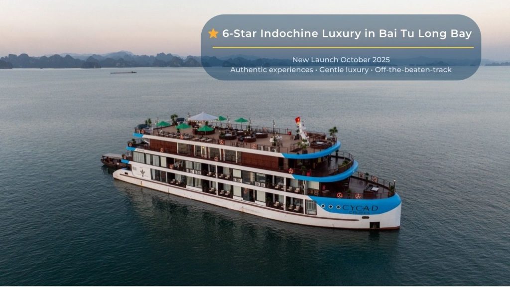 Elegant cruise balcony view over Halong Bay with scenic limestone karsts and tranquil waters.