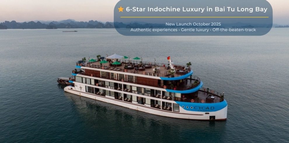 Elegant cruise balcony view over Halong Bay with scenic limestone karsts and tranquil waters.
