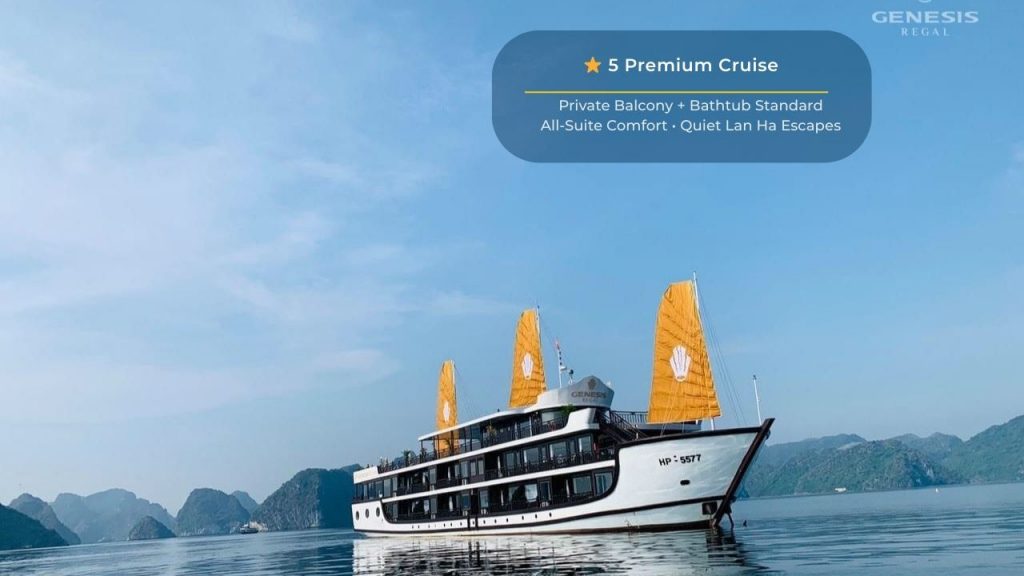 Beautiful view of Halong Bay from cruise balcony with stunning limestone karsts.