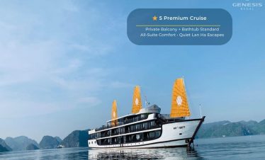 Beautiful view of Halong Bay from cruise balcony with stunning limestone karsts.