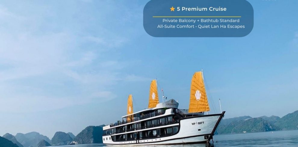 Beautiful view of Halong Bay from cruise balcony with stunning limestone karsts.