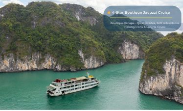 Stunning Halong Bay cruise scene with lush green islands and emerald waters, perfect for a memorable.