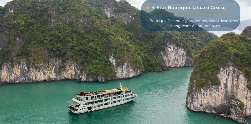 Stunning Halong Bay cruise scene with lush green islands and emerald waters, perfect for a memorable.