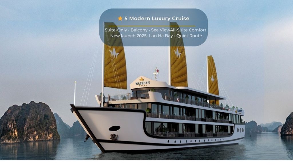 Elegant cruise ship sailing through Lan Ha Bay with stunning limestone karsts in the background.