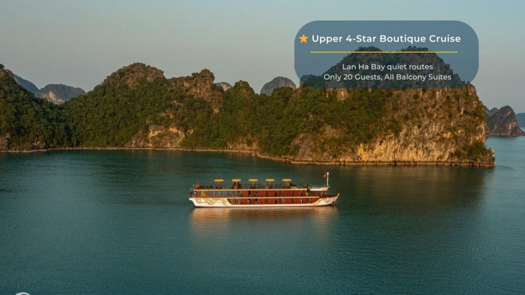 Beautiful Halong Bay landscape with cruise ship at sunset, showcasing tranquil waters and lush islan.