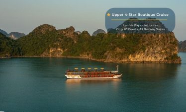 Beautiful Halong Bay landscape with cruise ship at sunset, showcasing tranquil waters and lush islan.