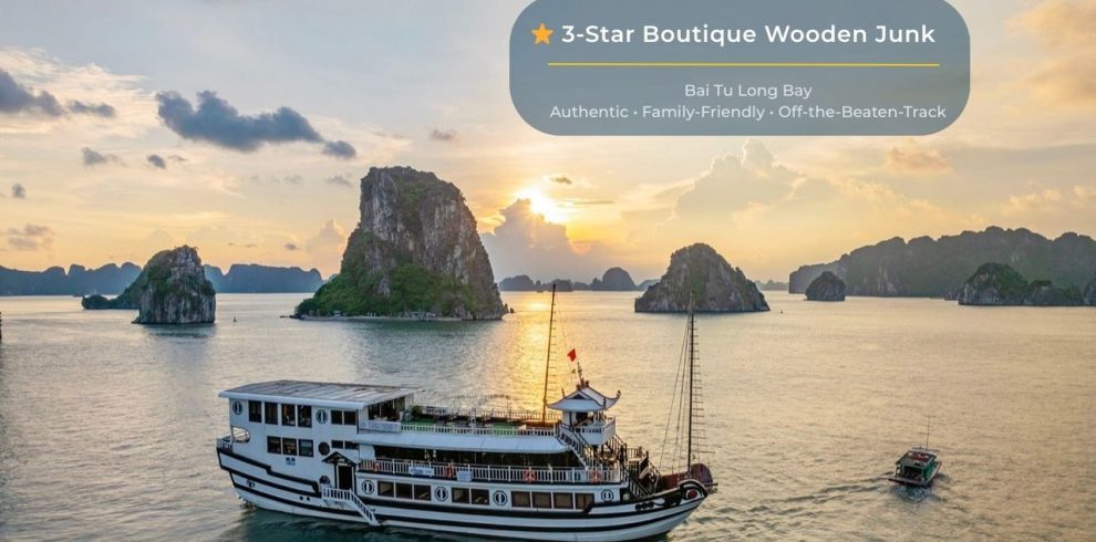 Beautiful Bai Tu Long Bay scenery with cruise boat at sunset, showcasing tranquil waters and stunnin.