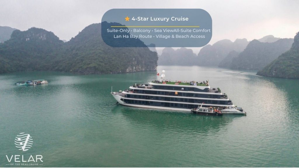 Stunning Halong Bay cruise with panoramic balcony views and serene waters, perfect for a luxurious 2.