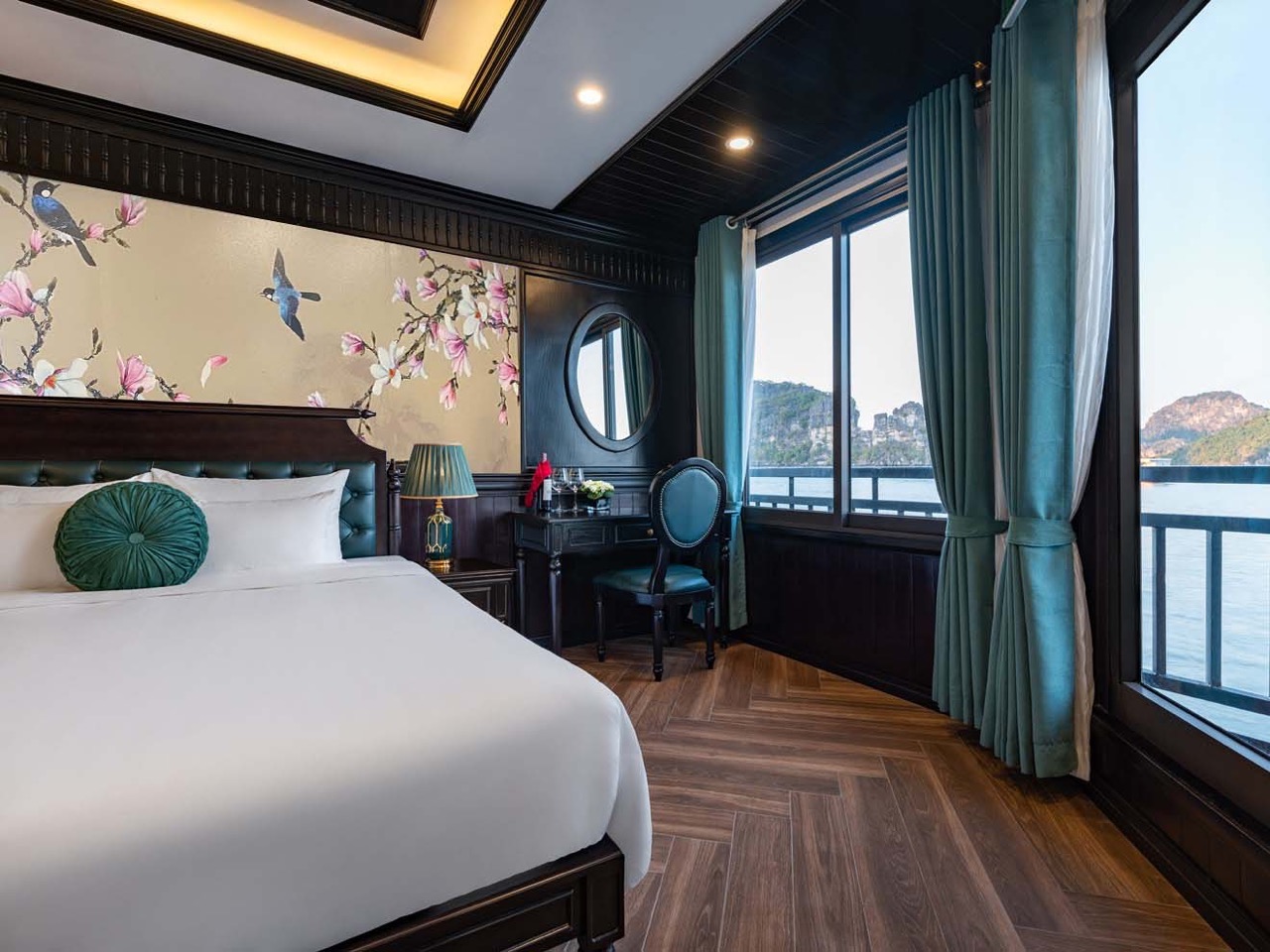 Stunning view from a Halong Bay cruise balcony showcasing serene waters and lush islands, perfect fo.
