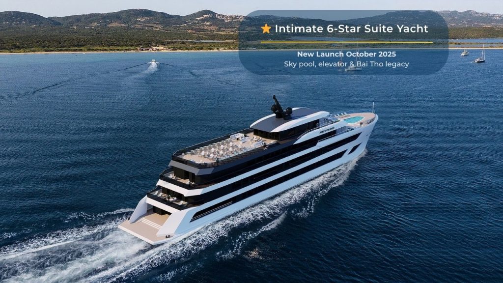 Luxurious 6-star yacht with sky pool and private deck, launching October 2025 in Vietnam.